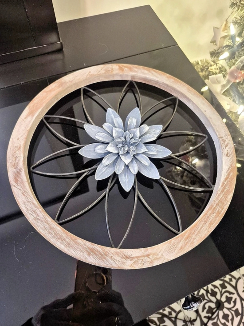 Floral Round Wall Decor in Blue, Black And Brushed White